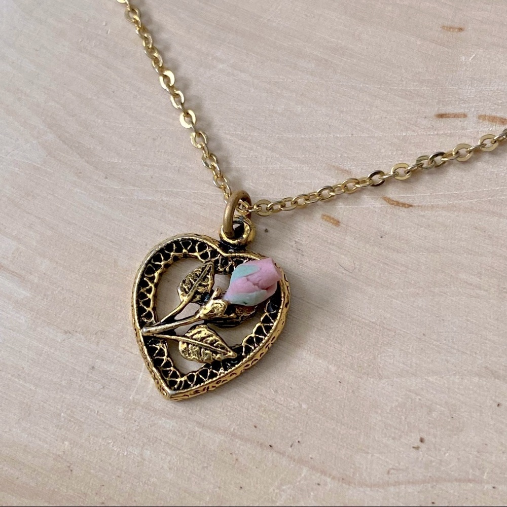 VTG- Embossed Gold Tone Heart w/ Genuine Bisque Porcelain Rose Necklace